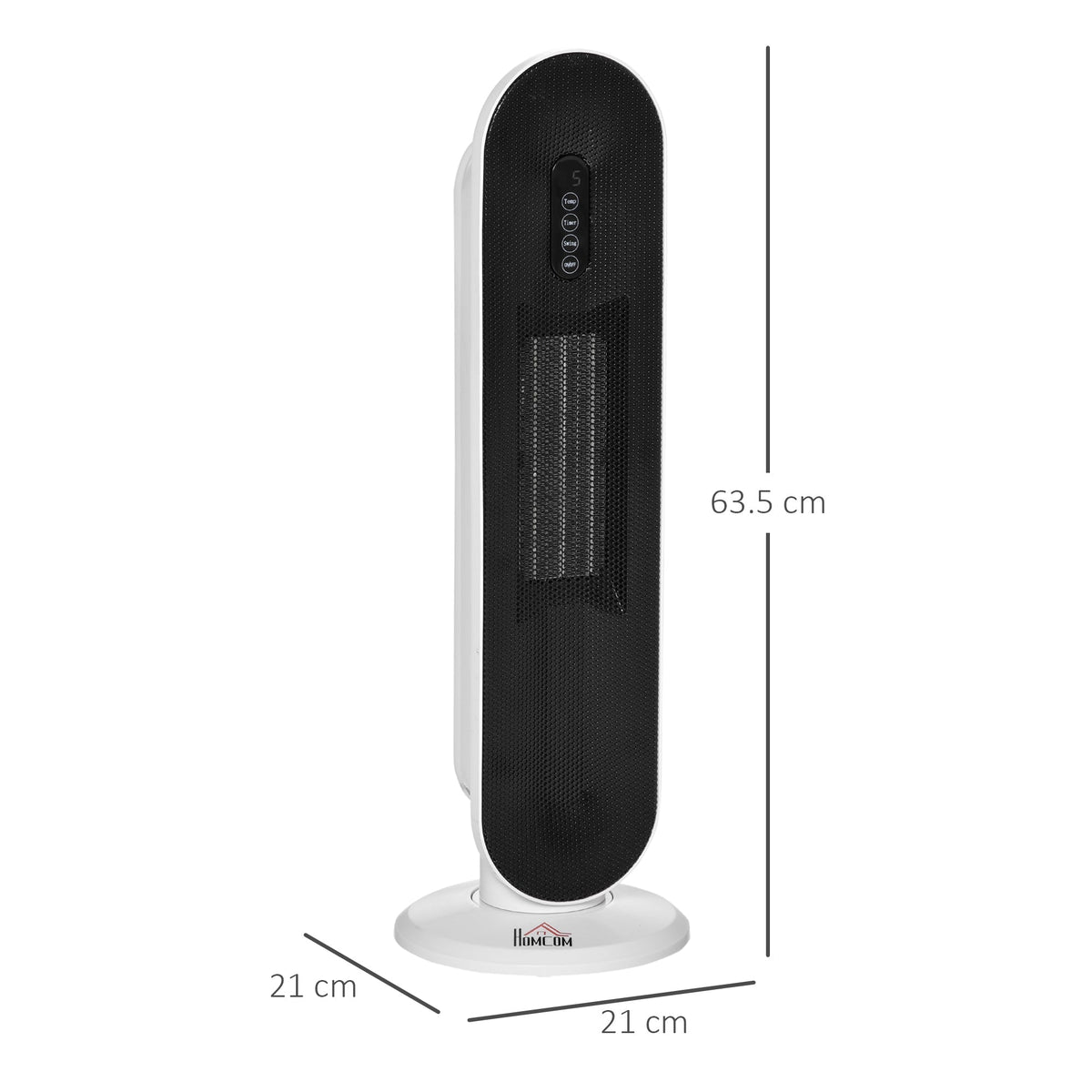 the white tower heater with dimensions shown