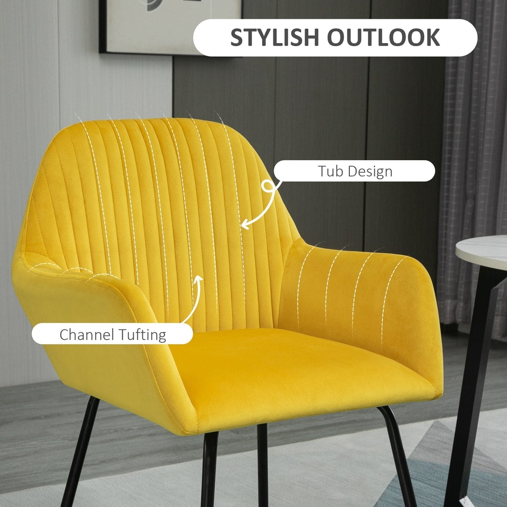 Close up of a yellow armchair showing channel tufting and tub design