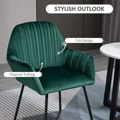 Close up of a green velvet-feel accent chair showing its channel tufted back