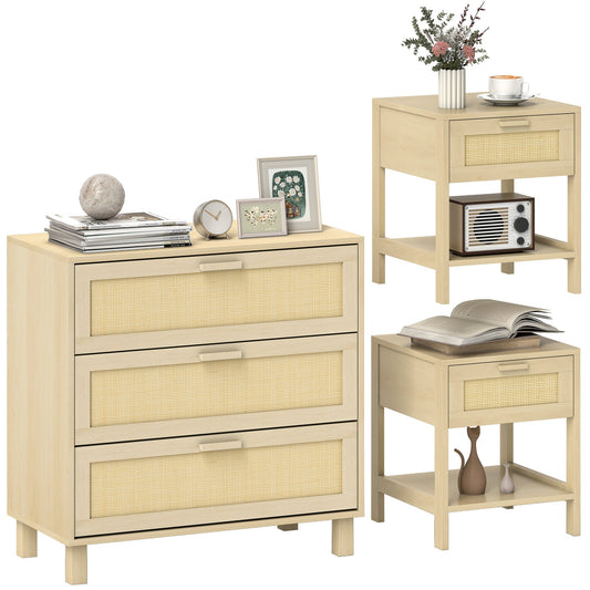 HOMCOM Chest of Drawer and Nightstands set with rattan detailing on a white background