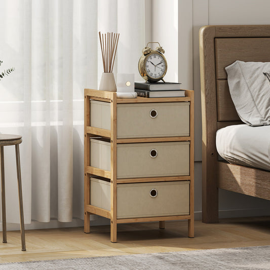 The narrow dresser with bamboo frame and fabric drawers placed next to a bed
