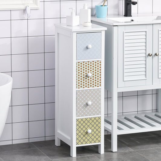 The chest of drawers placed in a bathroom next to a white vanity unit and tiled wall