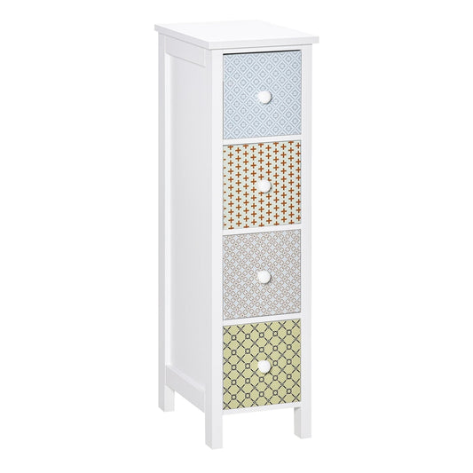 HOMCOM Chest of Drawers with four patterned drawers and white frame on a plain background