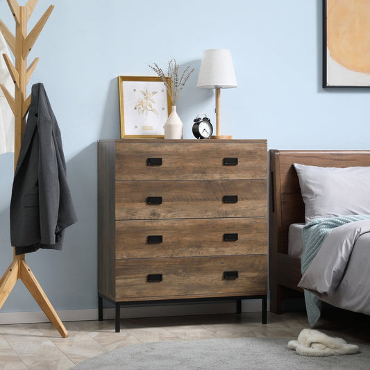 The chest of drawers in a bedroom setting next to a bed and a coat rack