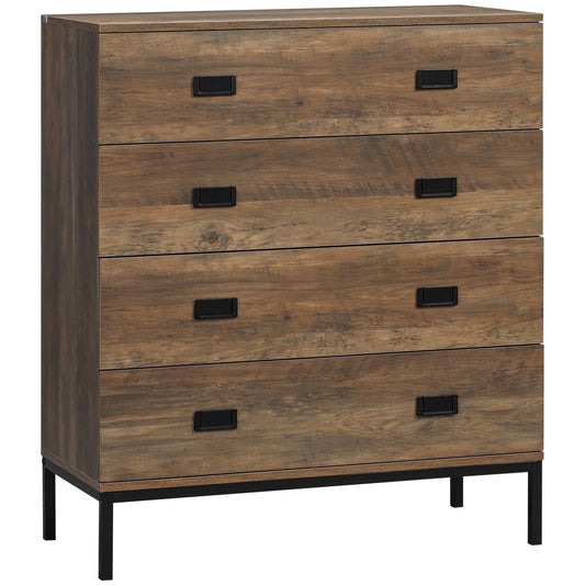 HOMCOM Chest of Drawers, a four-drawer storage unit with a brown wood effect finish and black metal legs