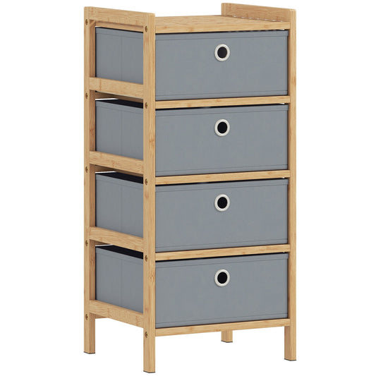 HOMCOM Chest of Drawers, a narrow dresser with a bamboo frame and four light grey fabric drawers