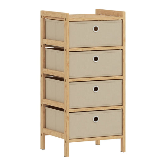 HOMCOM Chest of Drawers, a narrow dresser with four cream fabric drawers and a bamboo frame