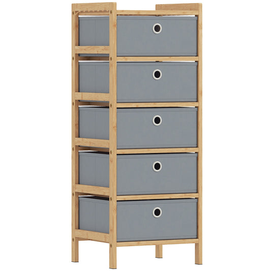 HOMCOM Chest of Drawers, a narrow dresser with a bamboo frame and 5 light grey fabric drawers
