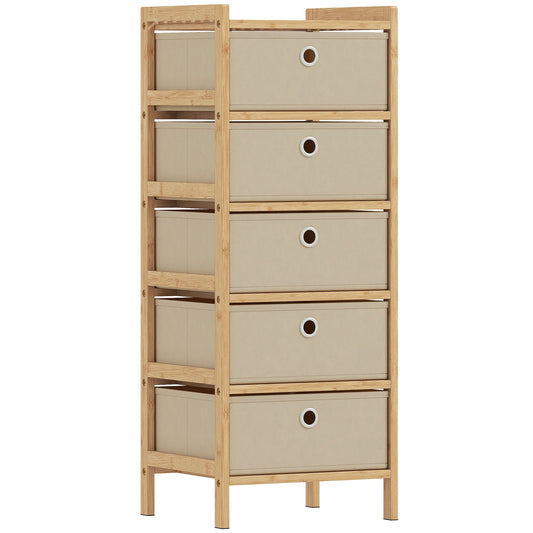 HOMCOM Chest of Drawers with five cream fabric drawers and a light bamboo frame