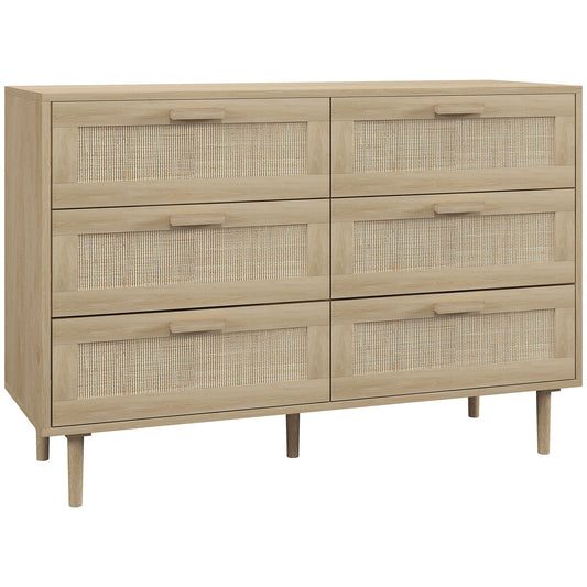 HOMCOM Chest of Drawers, a six-drawer dresser unit with a rattan front detail and oak-effect finish