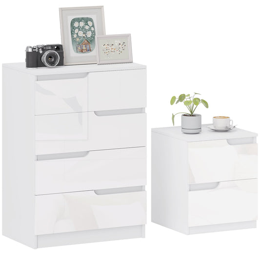 HOMCOM Chest of Drawers and Bedside Table, a modern white high gloss chest of drawers and a matching bedside table