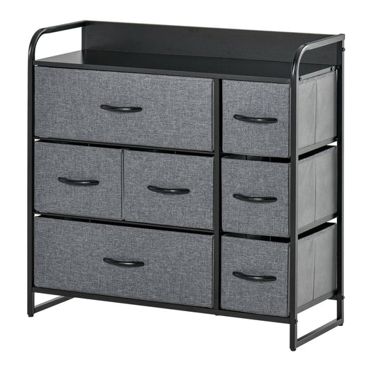 HOMCOM Chest of Drawers with 7 Foldable Drawers, a grey fabric dresser with black metal legs