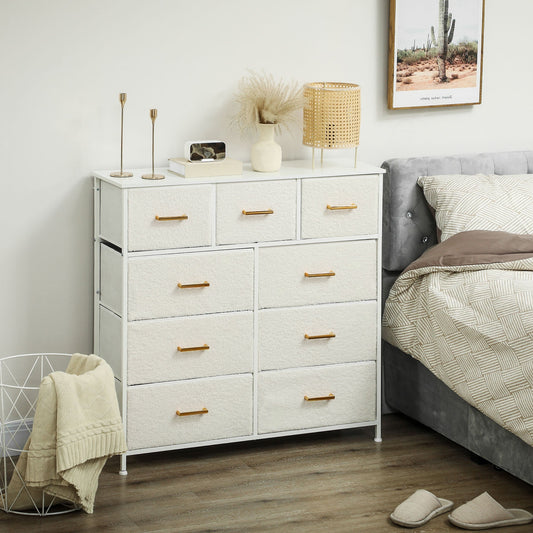 The chest of drawers placed in a bedroom next to a bed with decorative items on the top surface