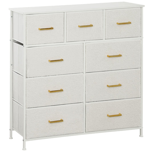HOMCOM Chest of Drawers with 9 Fabric Drawers in cream white with gold handles on a white background