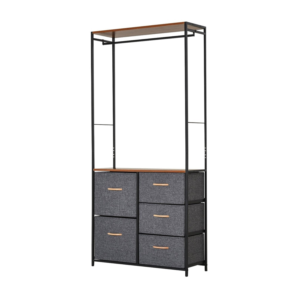 HOMCOM Chest of Drawers with a black steel frame and five grey fabric drawers below a wooden shelf and hanging rail