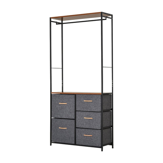 HOMCOM Chest of Drawers with a black steel frame and five grey fabric drawers below a wooden shelf and hanging rail