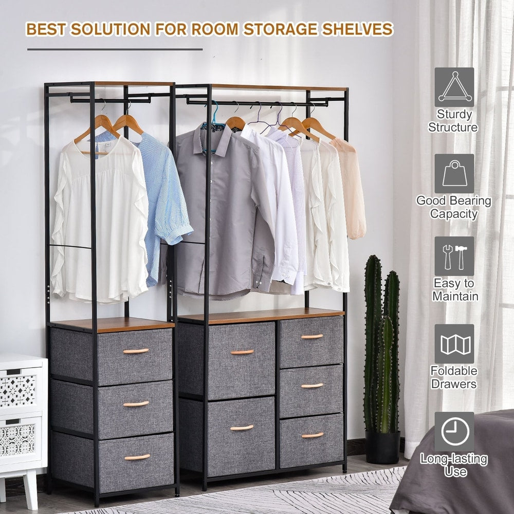 Two chest of drawers with coat racks side by side, one with shirts and one with blouses hanging