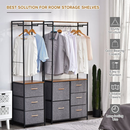 Two chest of drawers with coat racks side by side, one with shirts and one with blouses hanging