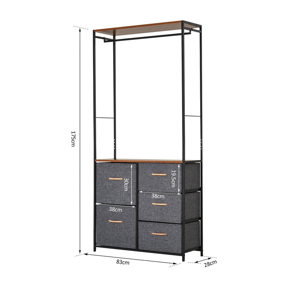 The chest of drawers with coat rack showing dimensions for width, height and depth