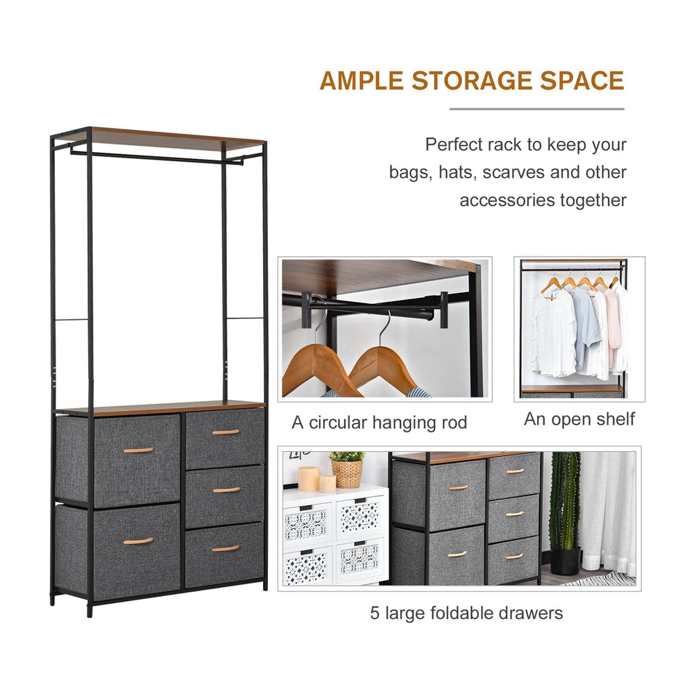 Chest of drawers with coat rack showing ample storage space with a hanging rail and five drawers