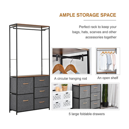 Chest of drawers with coat rack showing ample storage space with a hanging rail and five drawers