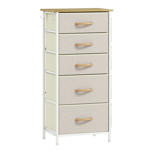 HOMCOM Chest of Five Fabric Drawers in beige with a wooden top and white metal frame