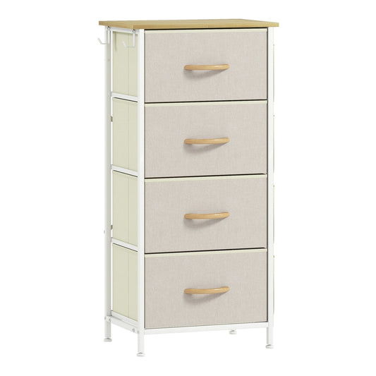 HOMCOM Chest of Four Fabric Drawers with a light wood top and white metal frame on a white background