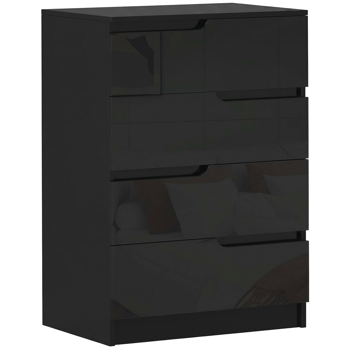 HOMCOM Chest of Four High Gloss Front Drawers, a black four drawer chest with a high gloss finish