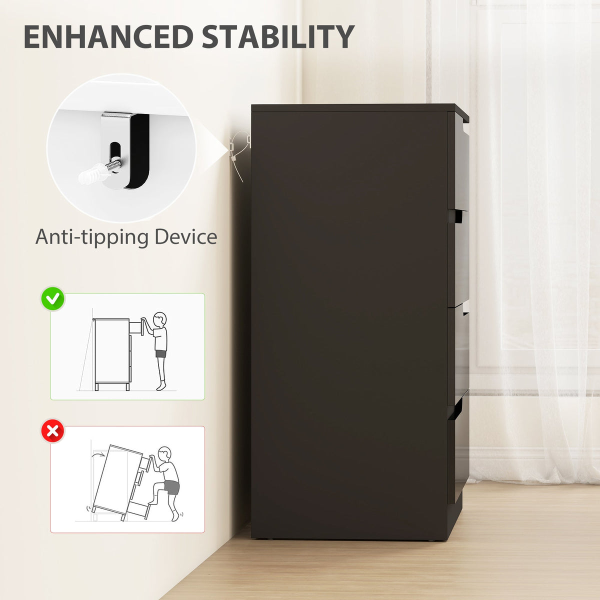 The chest of drawers showing the anti-tipping device and its installation