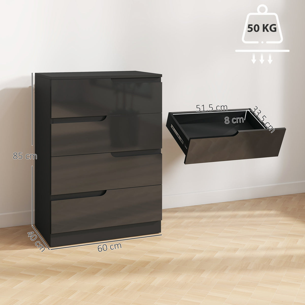 Size diagram of the black chest of drawers showing dimensions and an open drawer