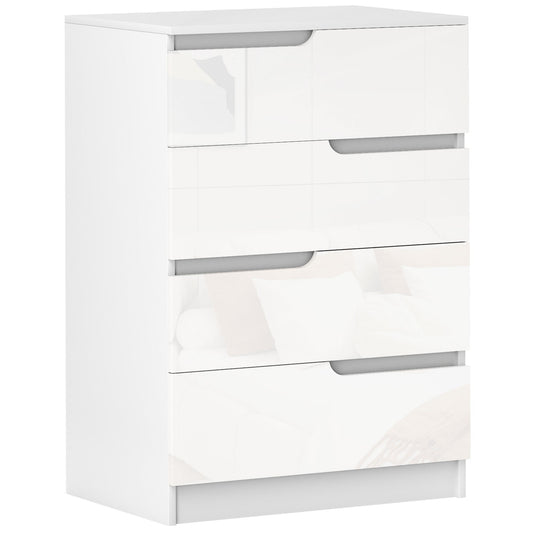 HOMCOM Chest of Four High Gloss Front Drawers - White, a modern white chest of drawers with four drawers