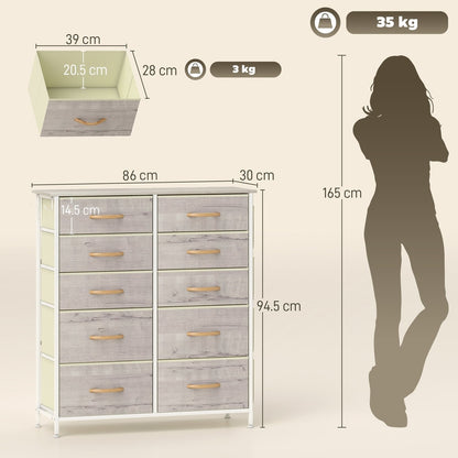 Dimensions of the chest of drawers shown next to a silhouette of a person