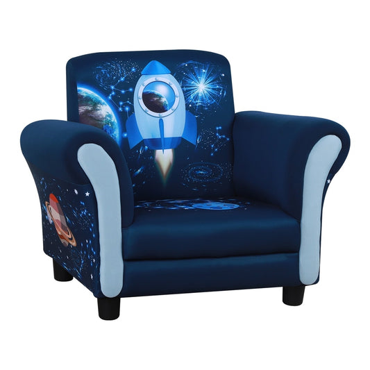 HOMCOM Child Armchair Kids Mini Sofa Chair with Armrest in blue with a rocket and space design