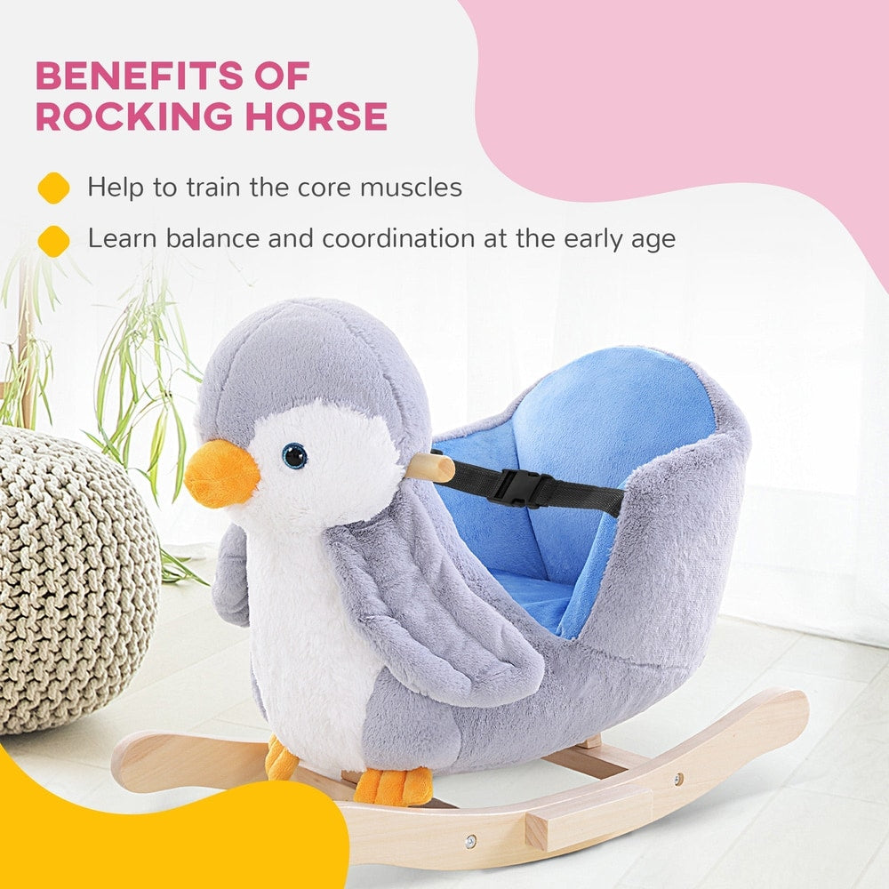 A plush penguin rocker in a room setting