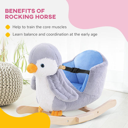 A plush penguin rocker in a room setting