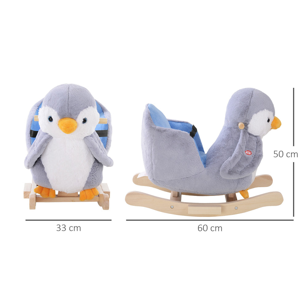 A penguin rocking horse with dimensions shown