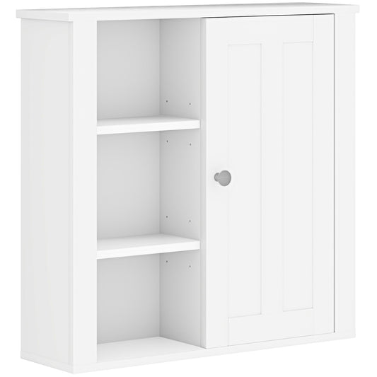 HOMCOM Clean and Simple Bathroom Storage Cabinet in white, a wall-mounted unit with a single door and three open shelves