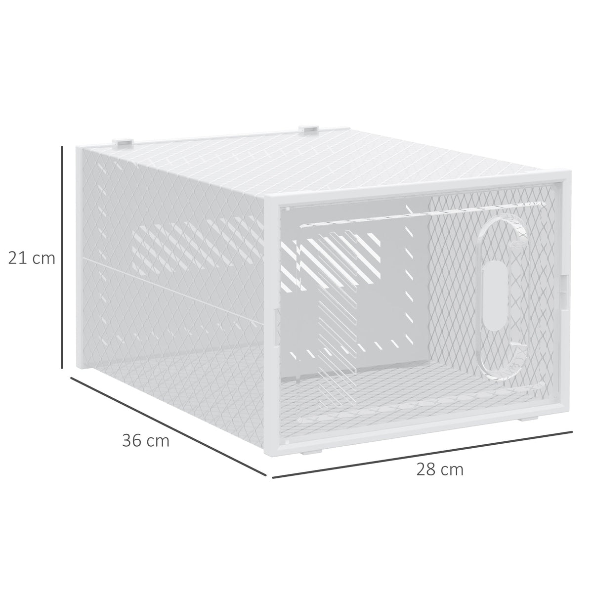 Dimensions of a single clear shoe storage box, showing height, width, and depth
