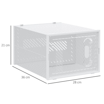 Dimensions of a single clear shoe storage box, showing height, width, and depth