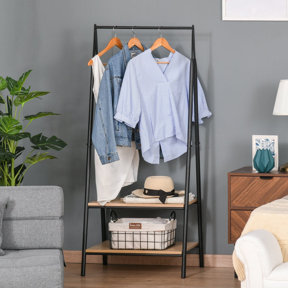 The coat rack in a bedroom, holding clothes on the rail and items on the shelves
