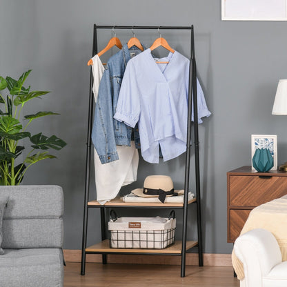 The coat rack in a bedroom, holding clothes on the rail and items on the shelves