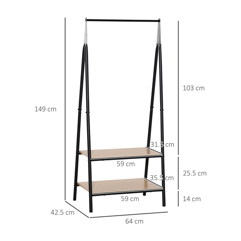 The freestanding metal clothes rack with dimensions shown