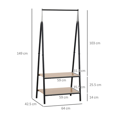 The freestanding metal clothes rack with dimensions shown