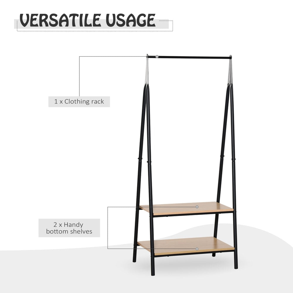 This coat rack offers versatile usage with a hanging rail and two bottom shelves