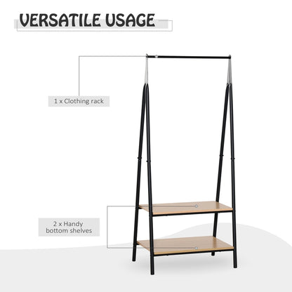 This coat rack offers versatile usage with a hanging rail and two bottom shelves