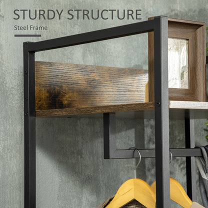 Close up of the metal frame and wooden shelf on the clothes rail
