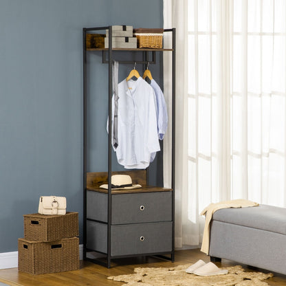 The coat rack with clothes hanging on the rail and a handbag on top shelf