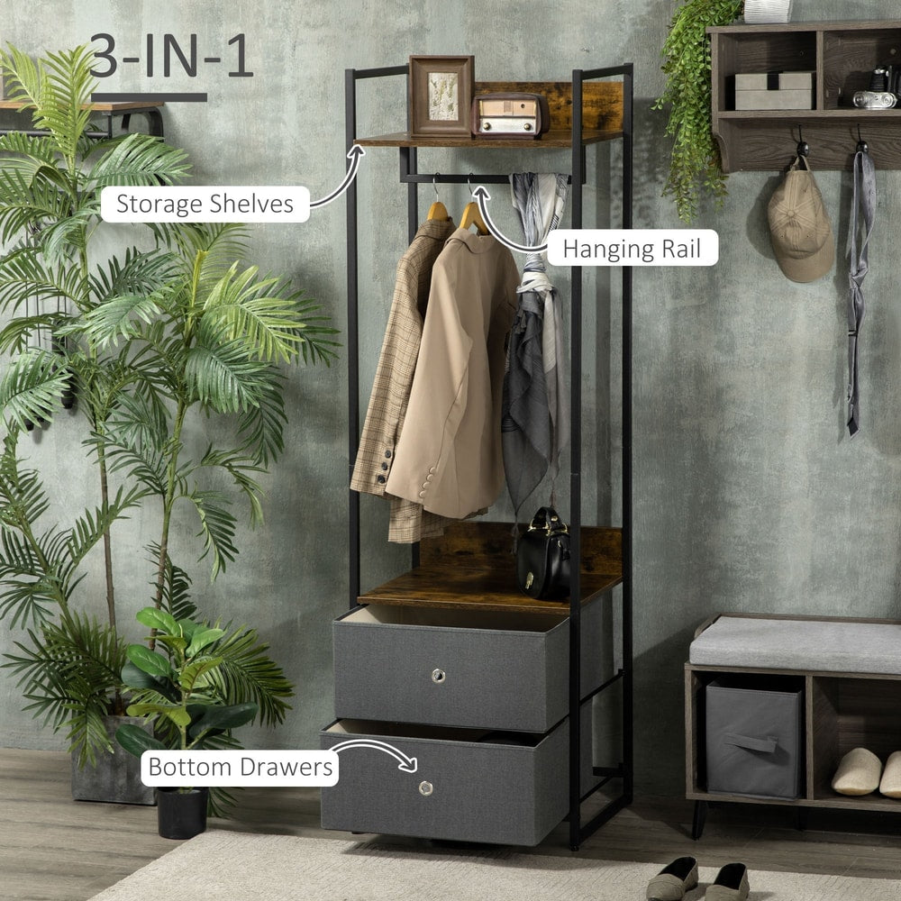 This coat stand is shown with hanging clothes and storage drawers