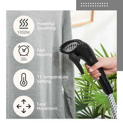 Close up of the nozzle of the clothes steamer with text about its features