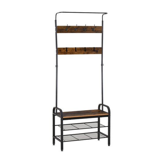 HOMCOM Coat Rack with metal frame, wooden shelves, hooks and two shoe storage tiers